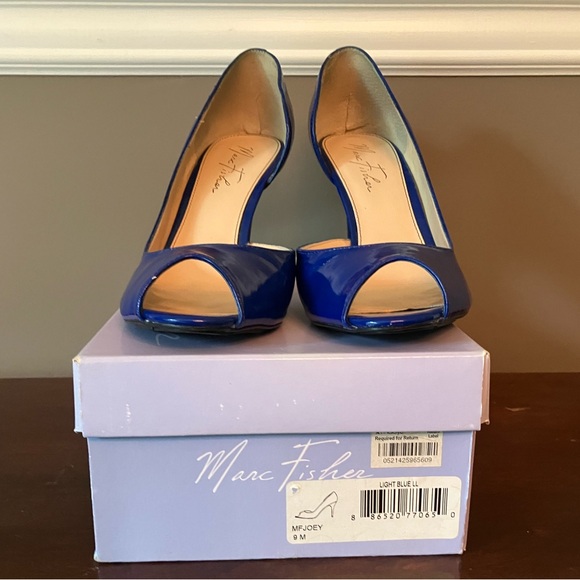 Marc Fisher EUC Bright Blue Patent Leather Peeptoe D'Orsay Heels Sz 9 M - Picture 5 of 7